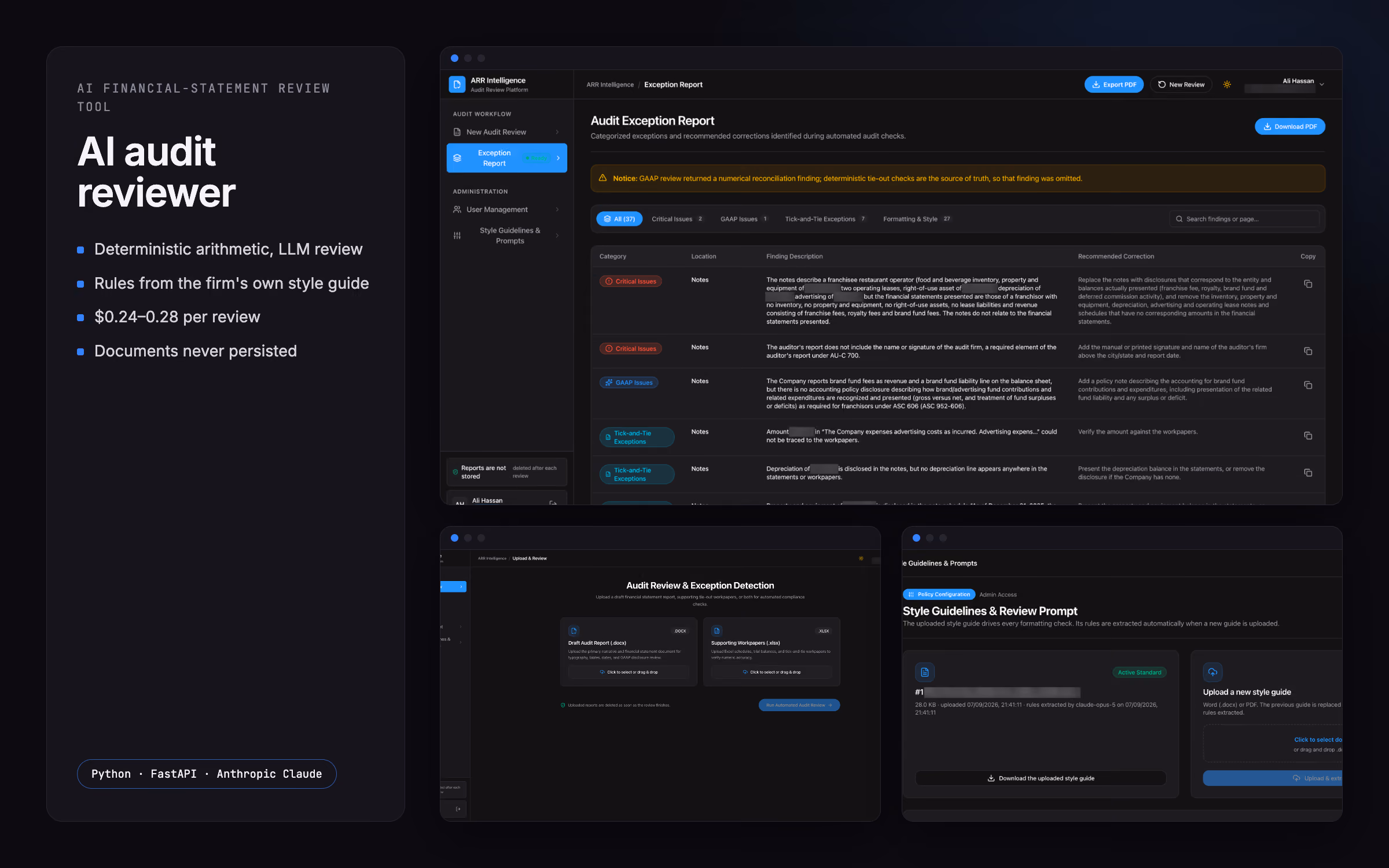 Exception report, upload screen and style-guide admin of an AI tool that reviews financial statements for $0.24 each.