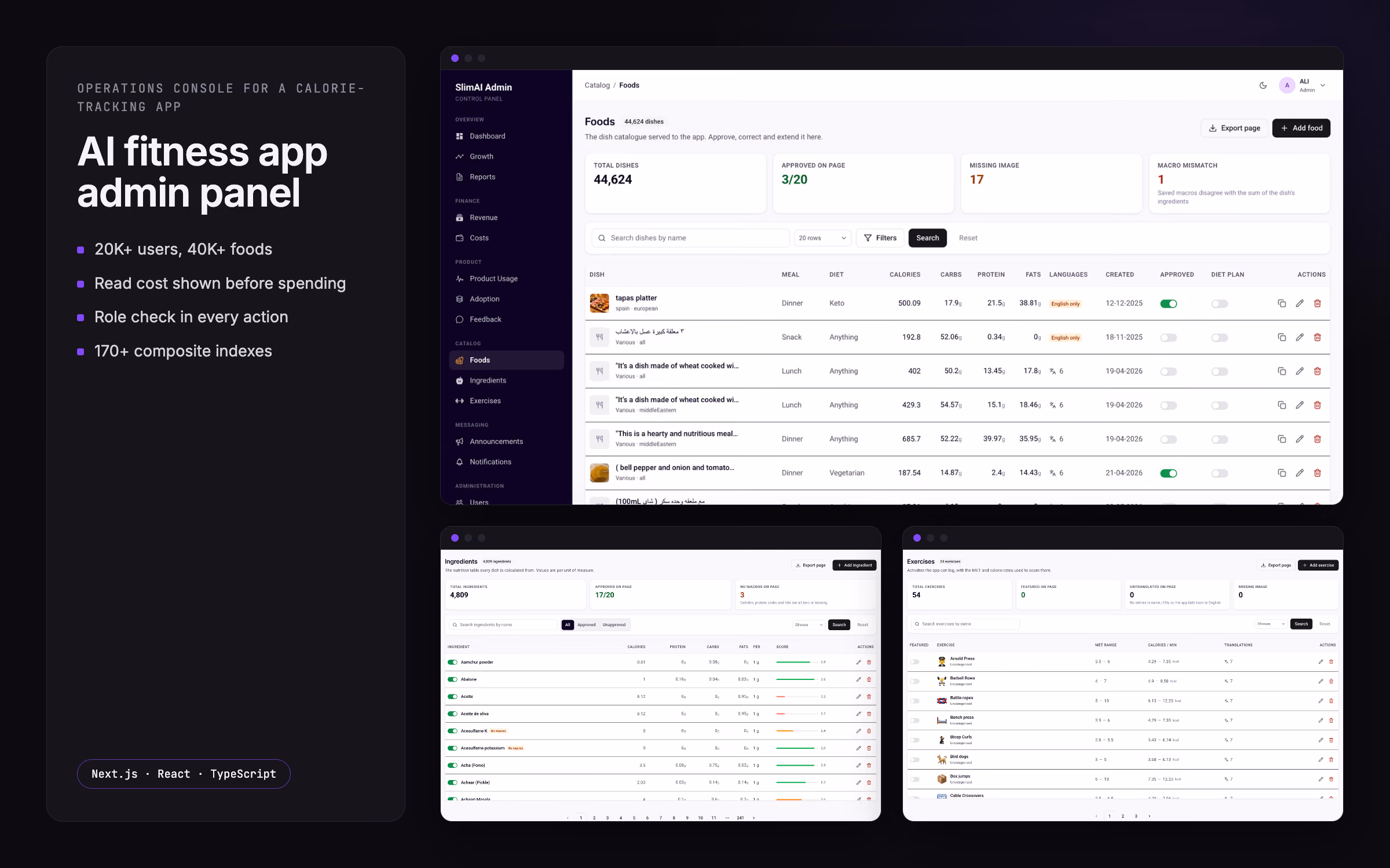 Food catalogue with macro-mismatch checks, ingredient nutrition table with quality scores, and the exercise library of a calorie-tracking console.