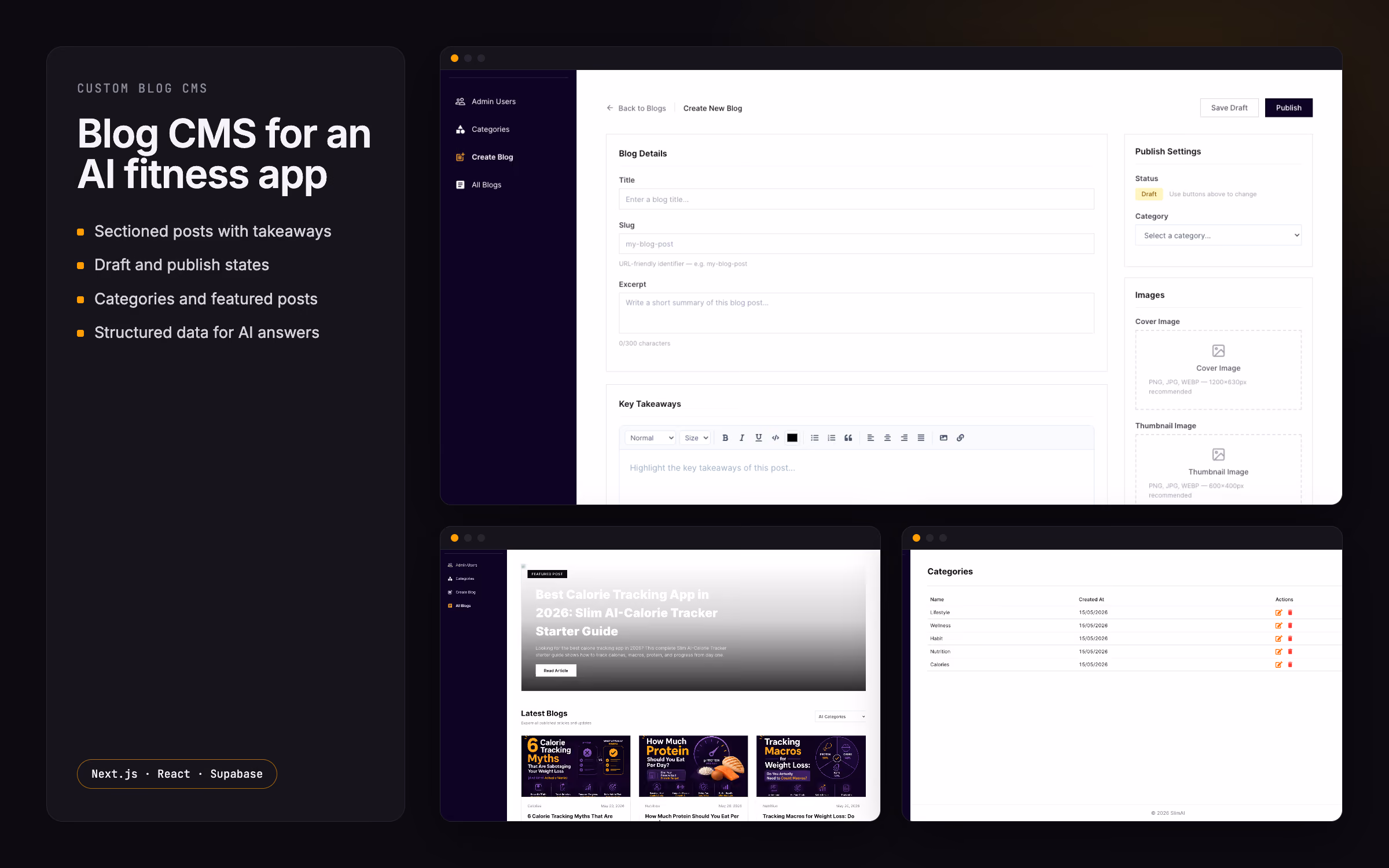 Post editor with sections and takeaways, the published blog list and the category manager of a custom CMS.