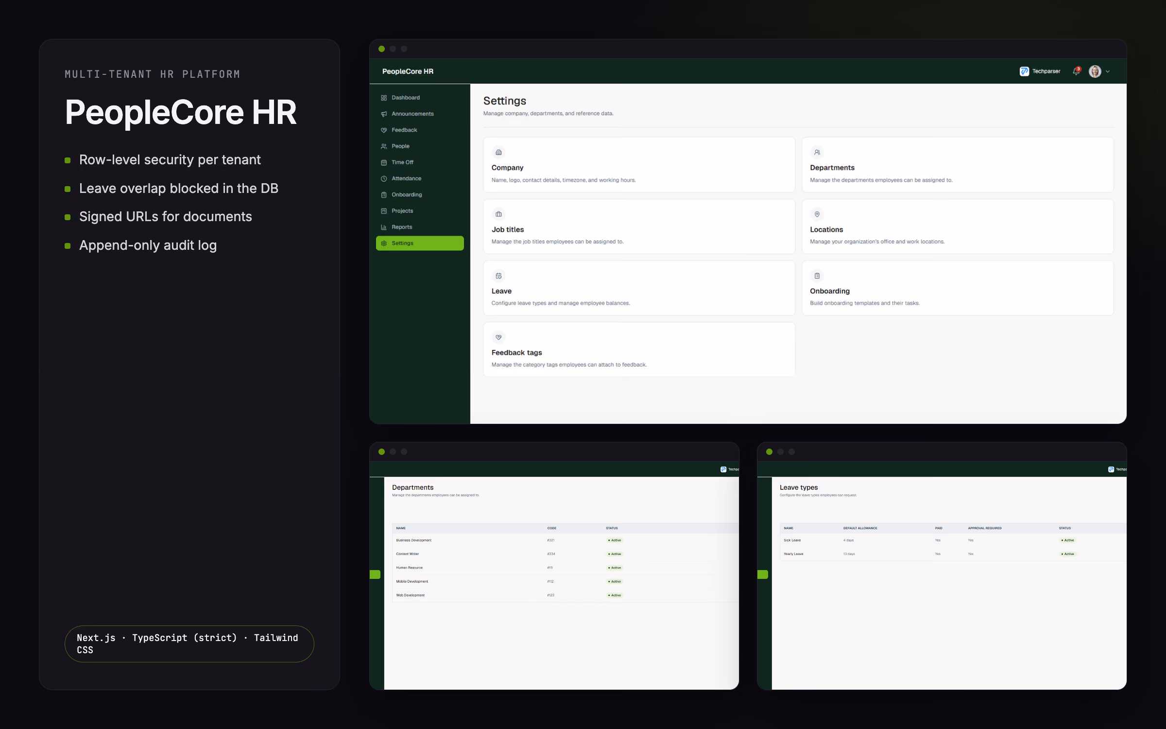Settings, departments and leave-type configuration in a multi-tenant HR platform with row-level security per tenant.