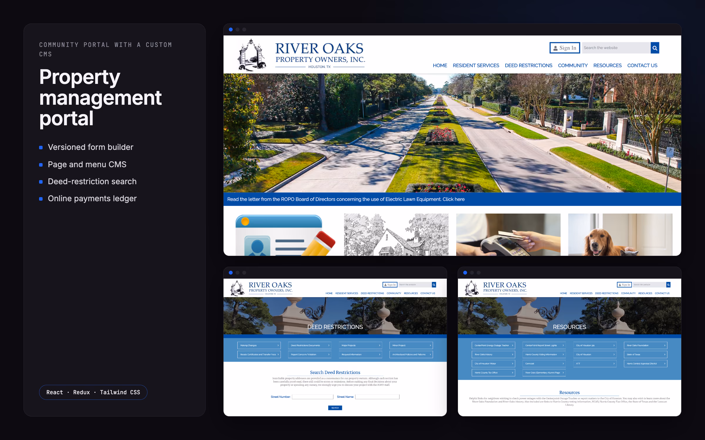 Public home, deed-restriction search and resources pages of a community portal its staff run through a CMS.