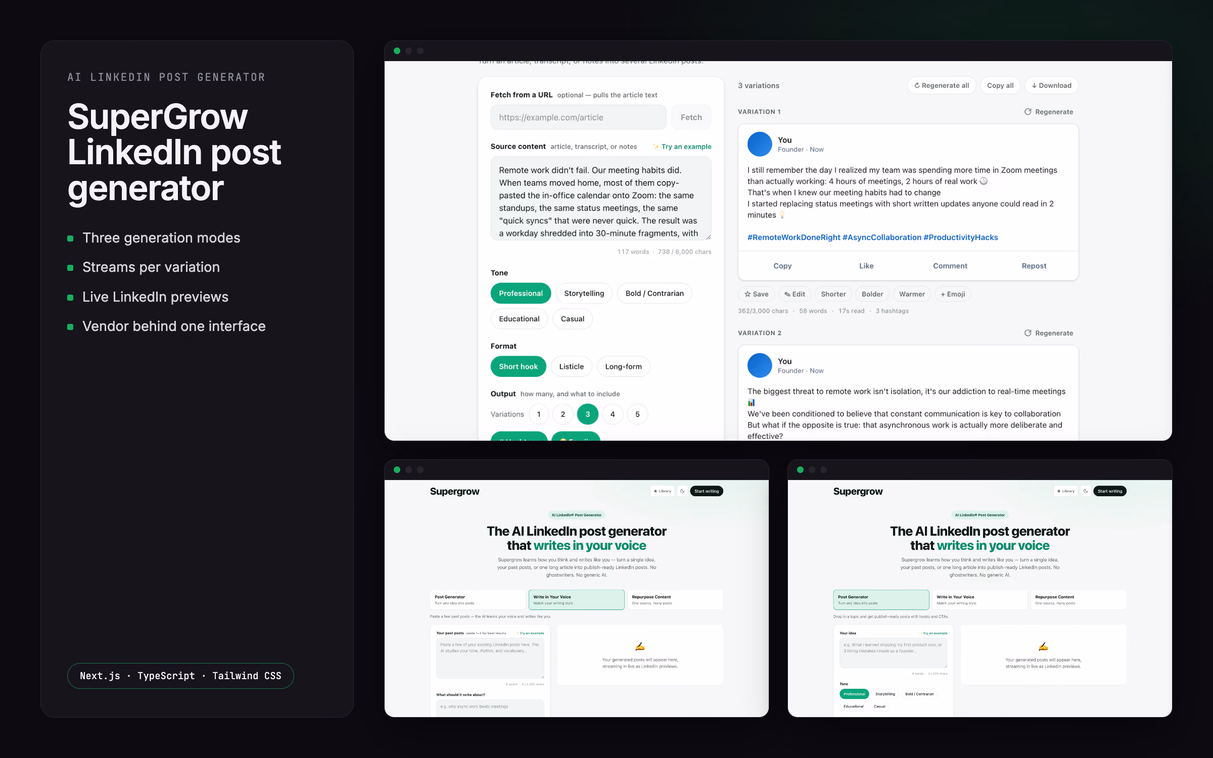 Three streamed LinkedIn post variations beside the repurpose form, with the voice and topic generation modes.